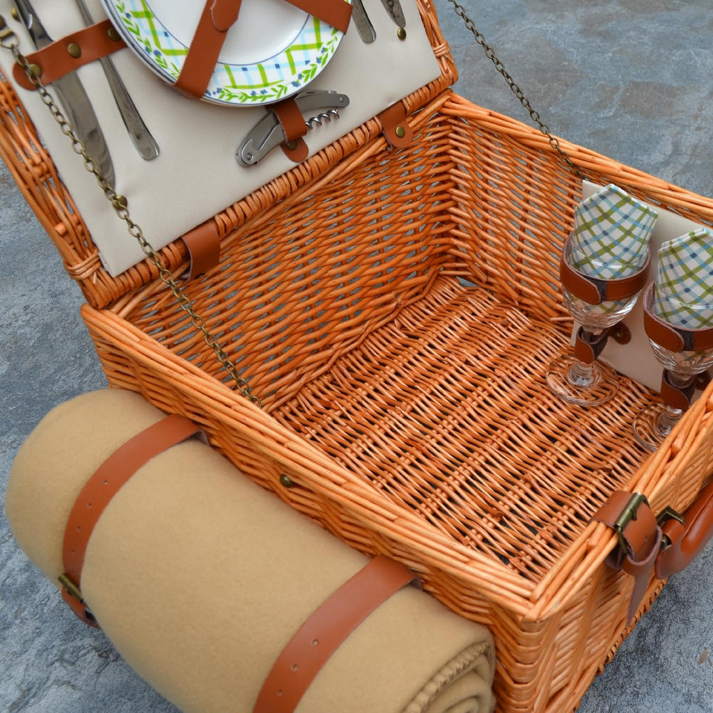 Original Cheshire English-Style Willow Picnic Basket with Service for 2 and Blanket- Designed, Assembled & Quality Approved in the USA