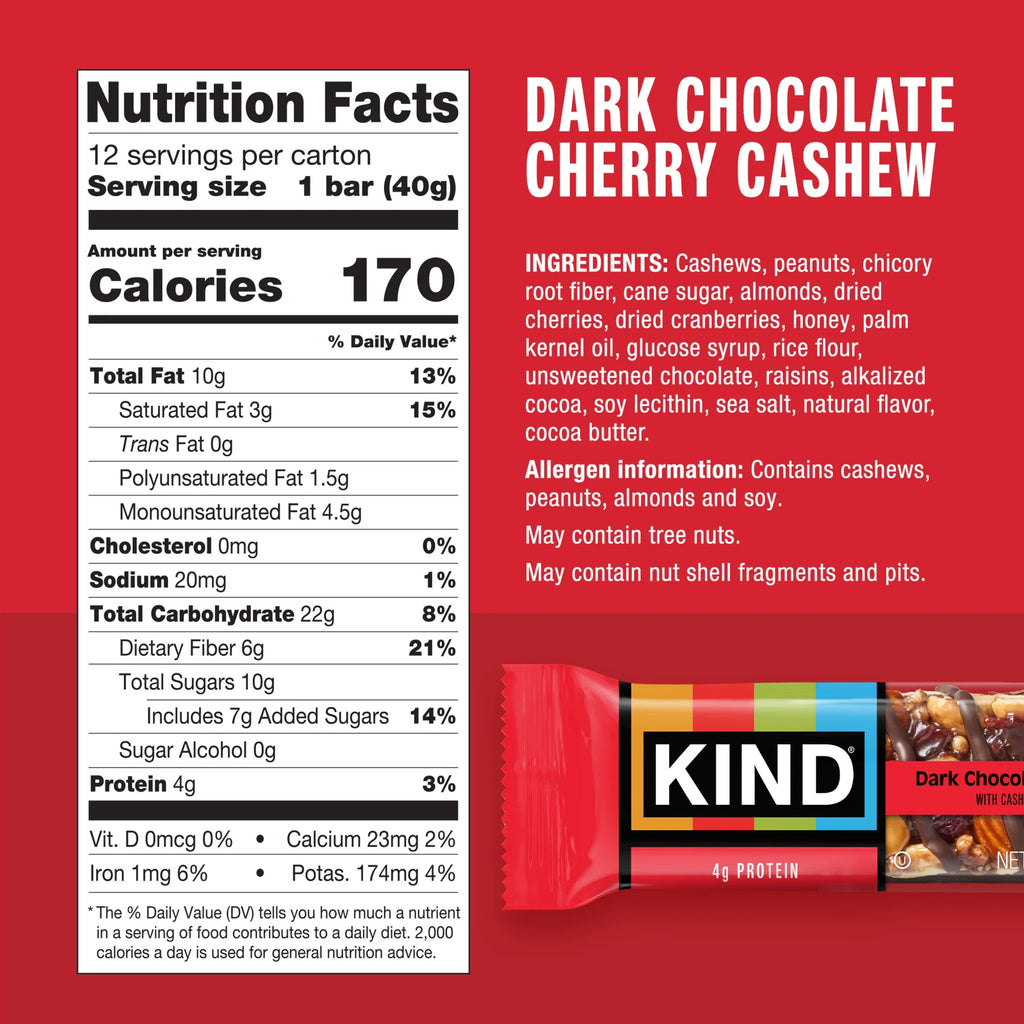 Gluten Free Dark Chocolate Cherry Cashew Snack Bars, 1.4 Oz, 12 Count Box