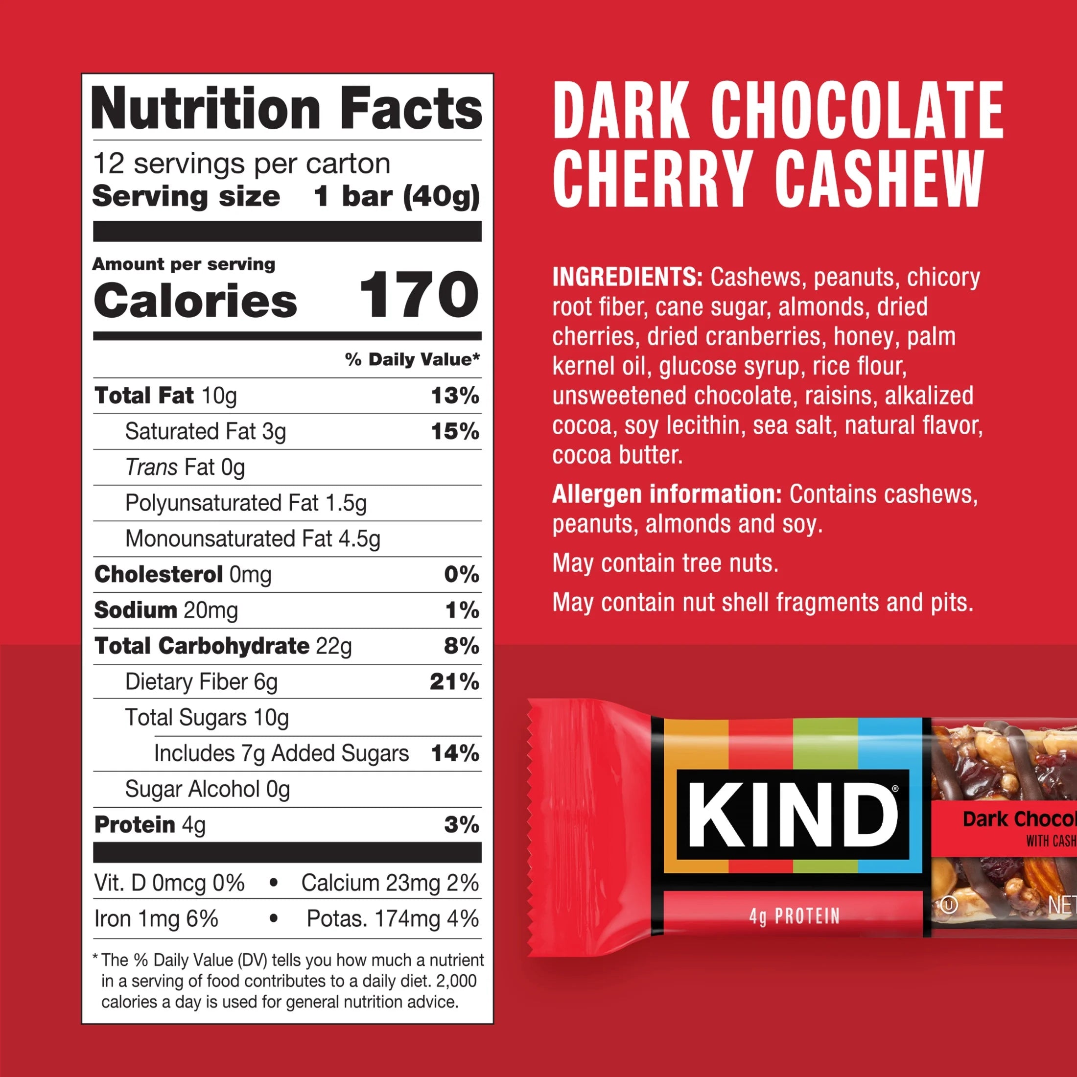 Gluten Free Dark Chocolate Cherry Cashew Snack Bars, 1.4 Oz, 12 Count Box