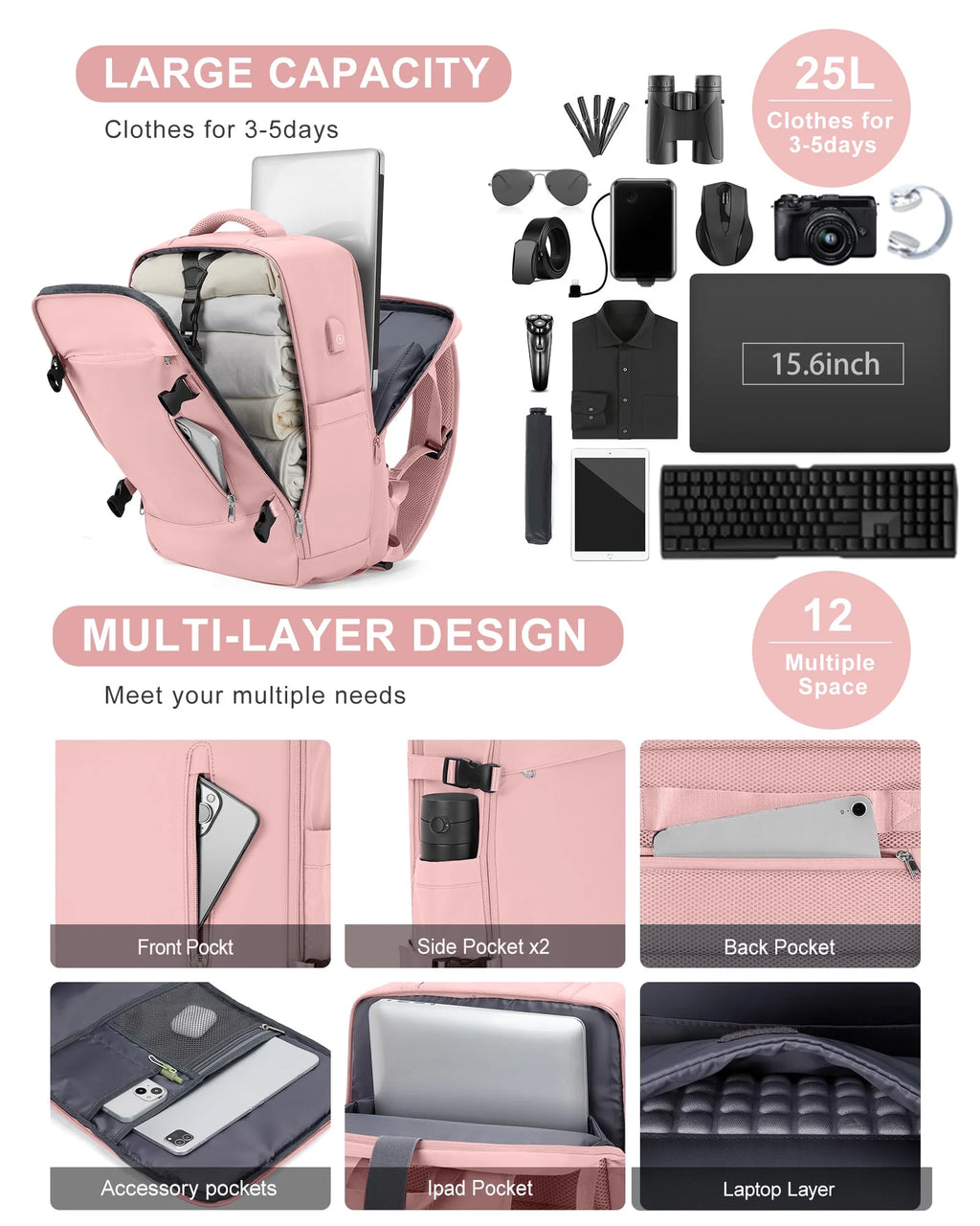 Large Travel Backpack for Women Carry on Laptop Backpack Flight Approved Waterproof College Bag with USB Charging Port & Shoe Pouch Casual Daypack for Adults for Weekender Business, Pink