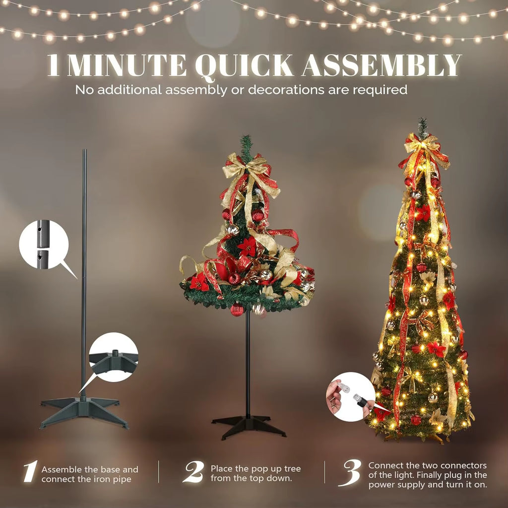 Retractable Folding Christmas Tree (4ft-6ft) with Integrated Lights - Decorative Spiral Design