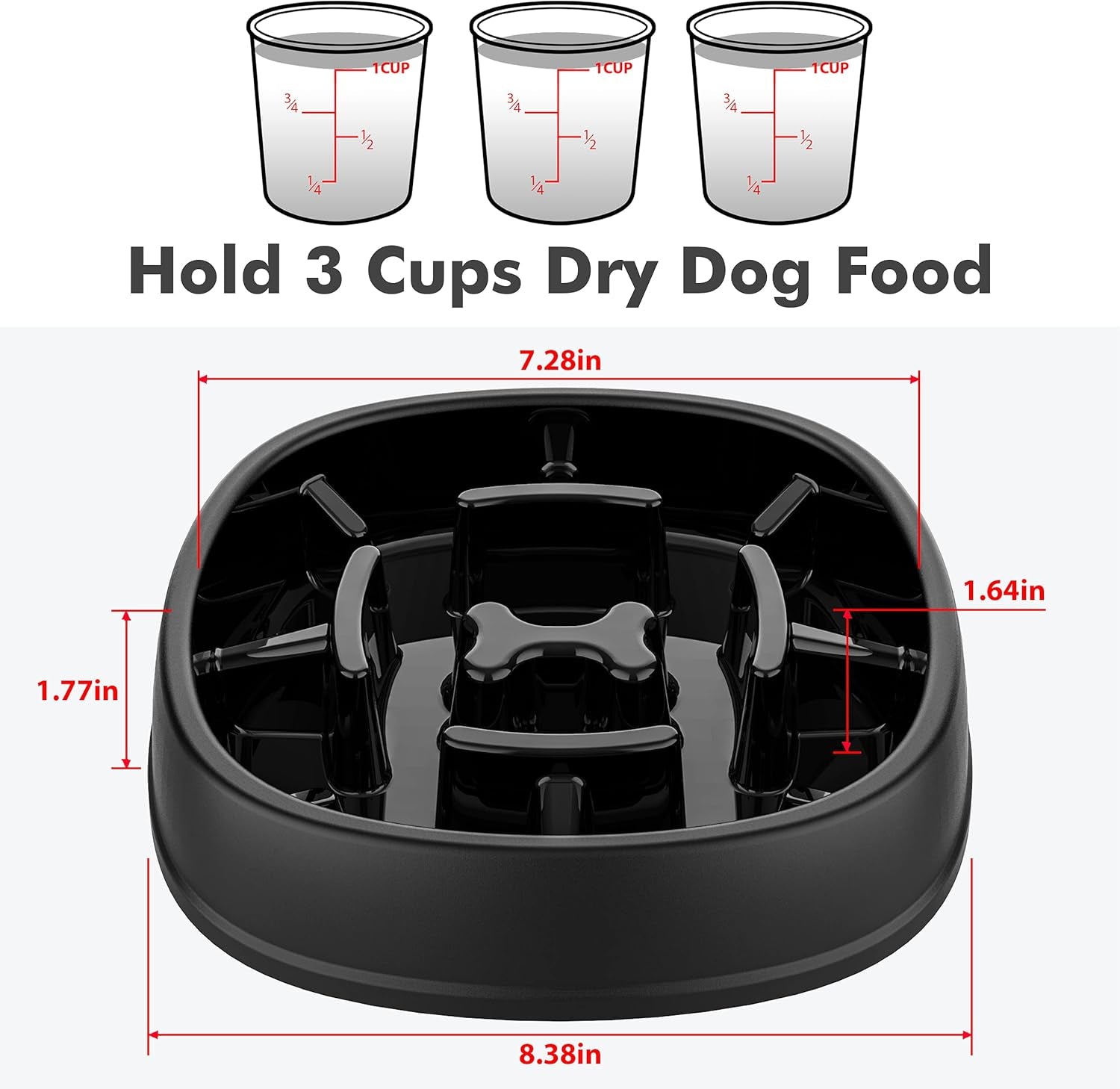 Dog Slow Feeder Bowl-Slow Feeder Dog Bowl for Dogs-Non Slip Puzzle Bowl-Dog Food Bowl Eco Friendly 3 Cups for Dog Pet Slow Feeder by ,A-Black