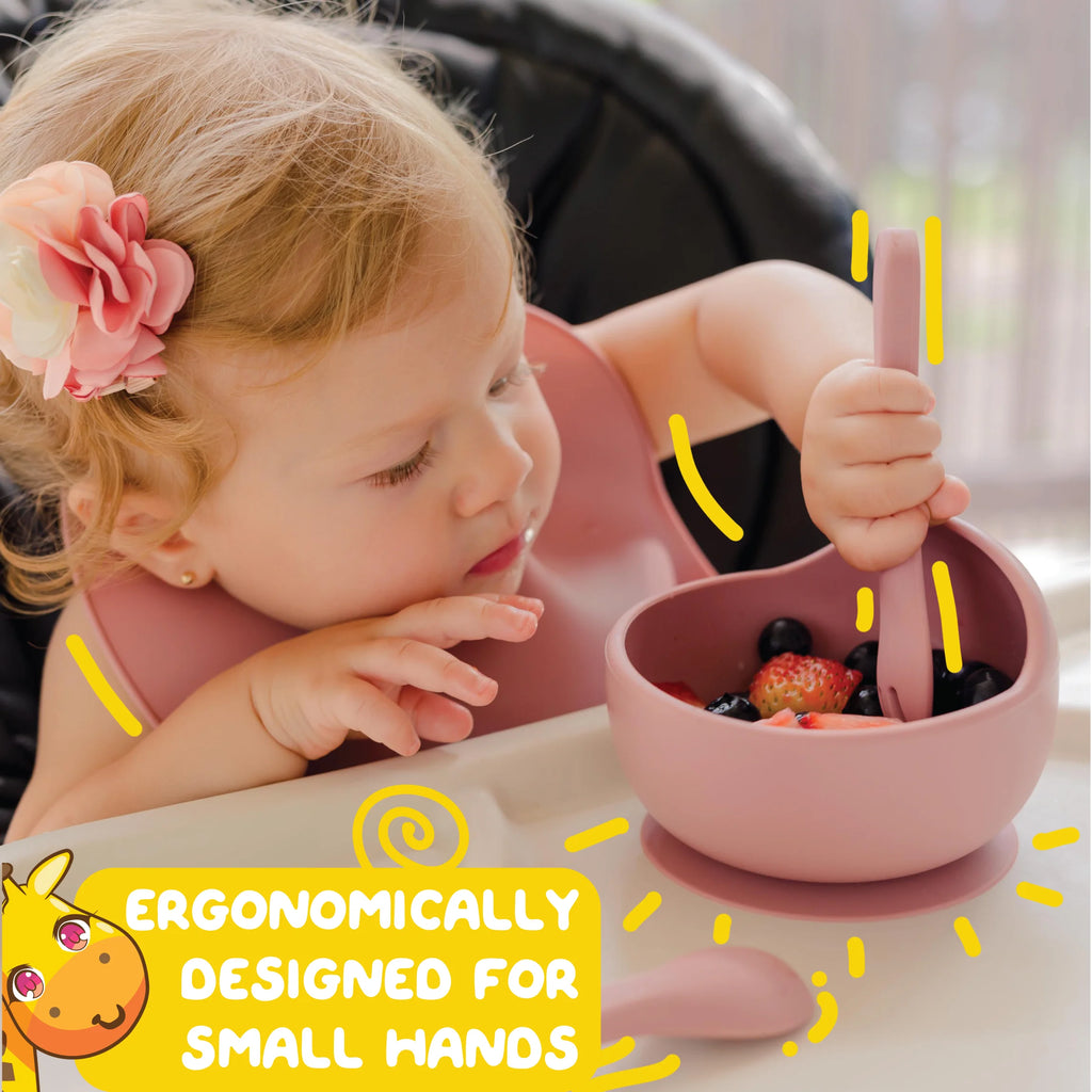 Turkish Pink Silicone Baby and Toddler Self-Eating Food Plates Set with Utensils (8 Piece Set)