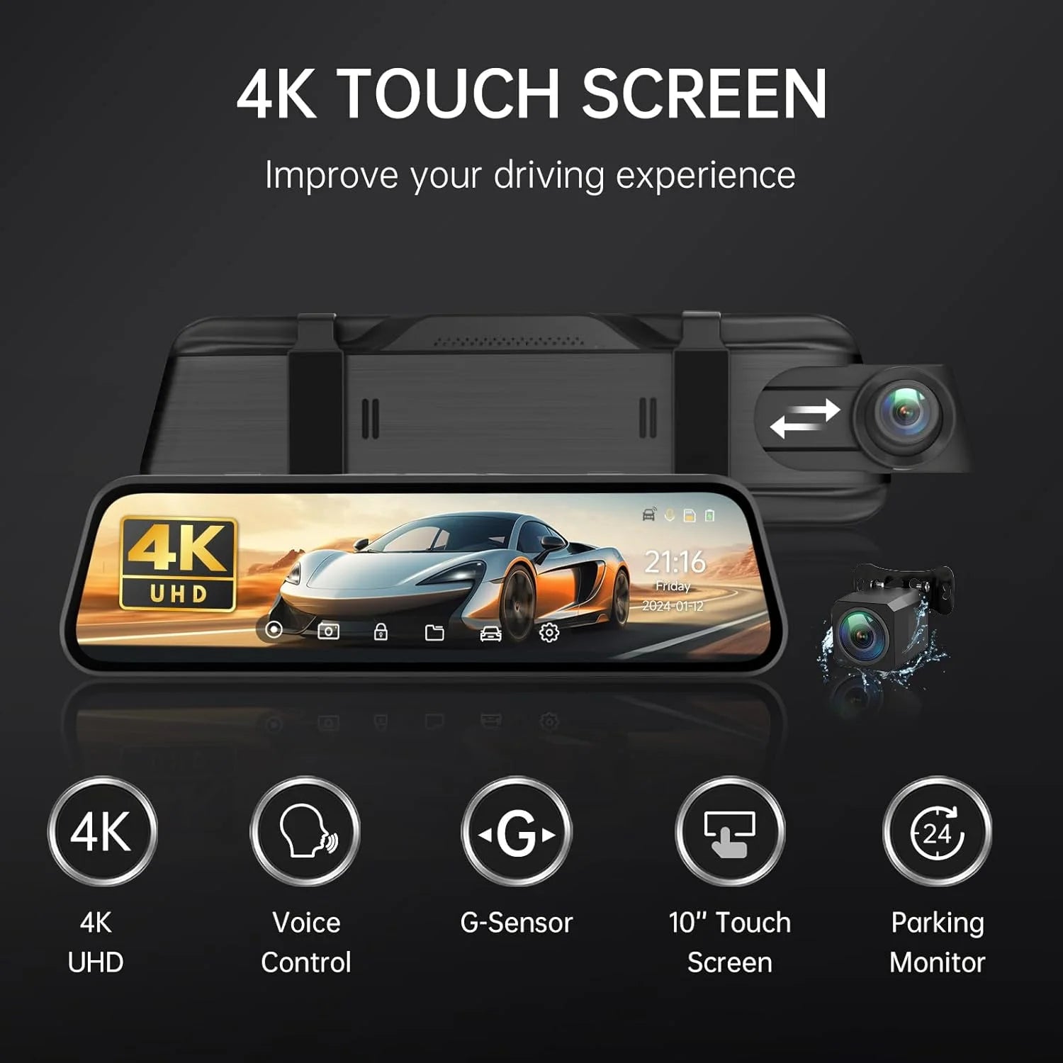 4K UHD Dual Dash Cam Front and Rear, 10"Touch Screen Mirror Camera, Night Vision, Voice Control, G-Sensor, 32GB SD"