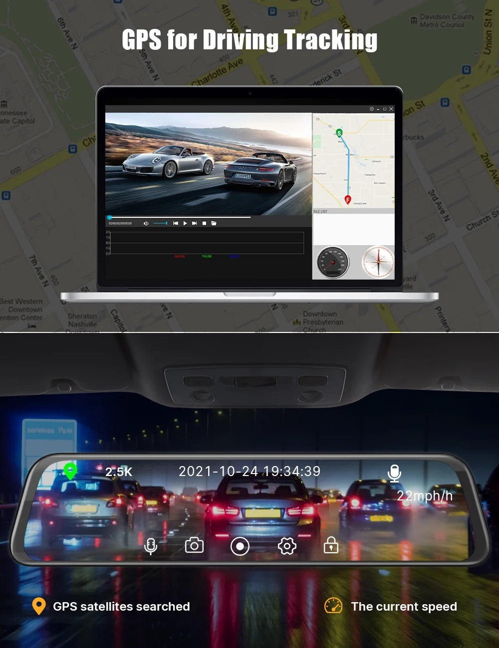2.5K Mirror Dash Cam for Car, Dual Dash Camera Front and Rear 10" Full Touch Screen, Rear View Mirror Camera, 1080P Waterproof Backup Camera, Parking Assist, Loop Recording, G-Sensor