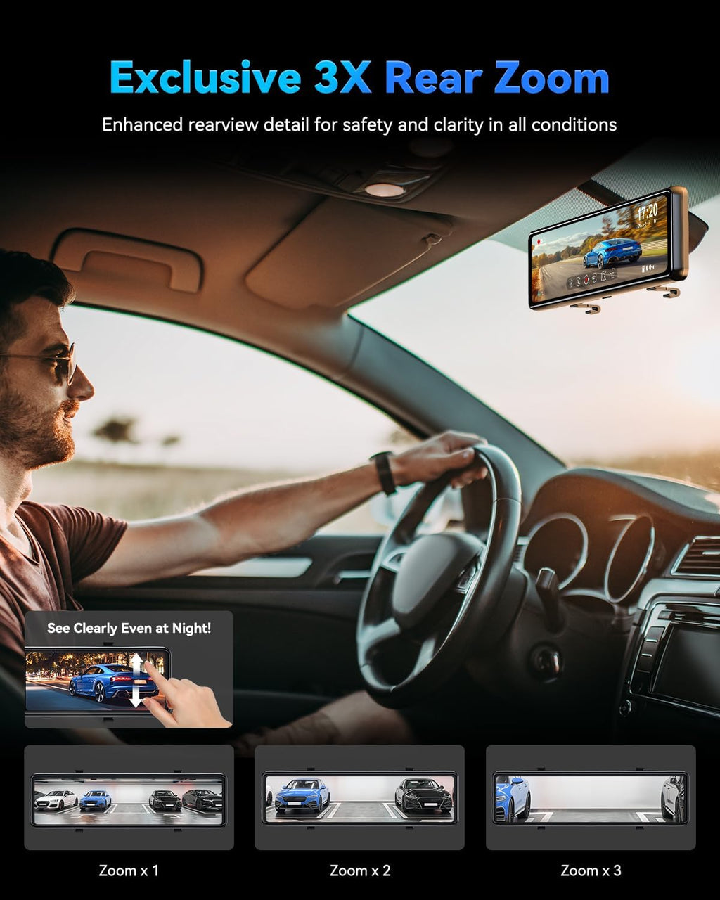 T860+ Mirror Dash Cam 4K Front and 2.5K Rear, Detached Front Camera for 10-Minute Install, 3X Zoom Rear View Mirror Camera, 64GB Card Included, Night Vision, WDR, Parking Assist, GPS