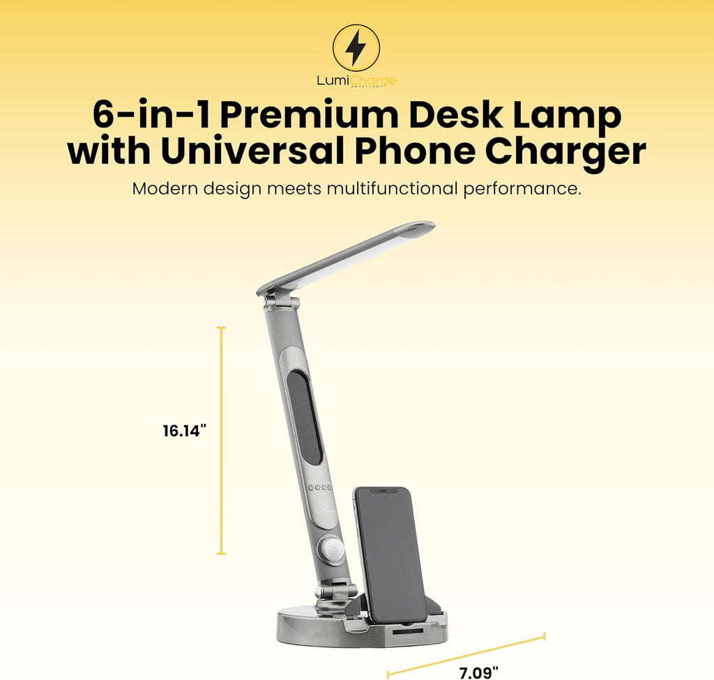 Lamp with Charging Station - Dimmable LED Desk Lamp with Qi 10W Fast Wireless Charger, Motion Sensor, Calendar Display, Alarm Clock, and USB Port, Compatible with Multiple Devices