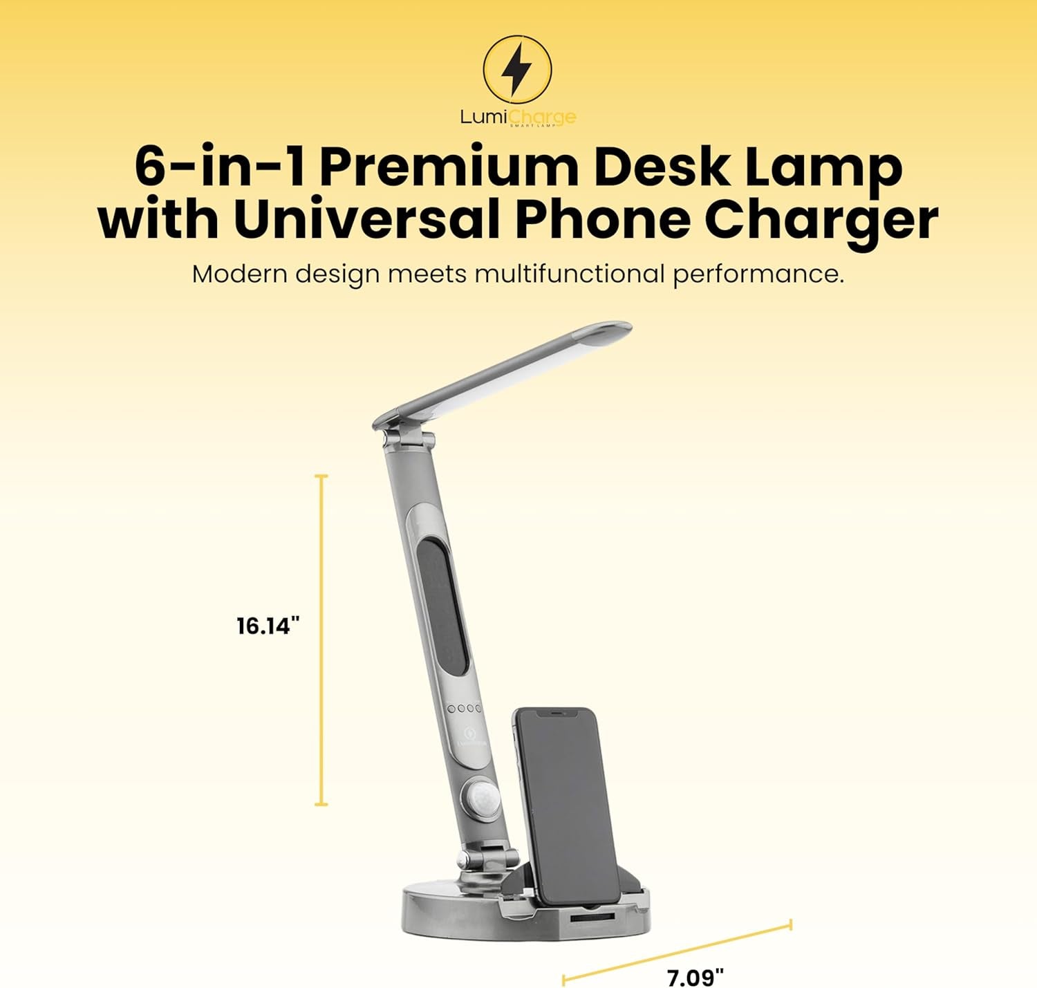Lamp with Charging Station - Dimmable LED Desk Lamp with Qi 10W Fast Wireless Charger, Motion Sensor, Calendar Display, Alarm Clock, and USB Port, Compatible with Multiple Devices