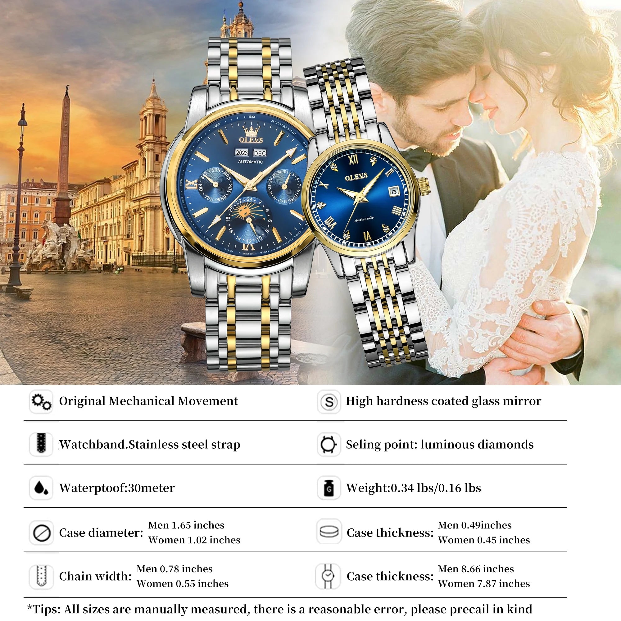 Automatic Couple Watches Set Casual Stainless Steel Waterproof His and Hers Wristwatch for Valentines Anniversary Wedding Romantic Chrismas Gifts, Luxury Watches Set of 2