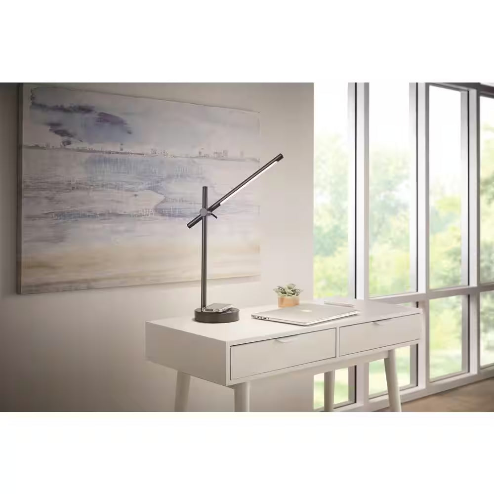 22 In. Indoor Black Integrated LED Table Lamp with Built-In Wireless Charging Pad
