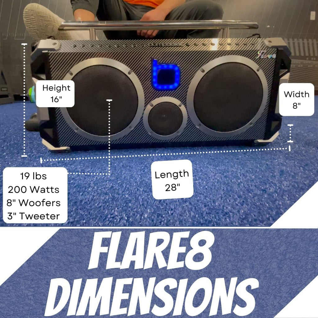 Bluetooth Portable Speaker Boombox Flare8 Blue | Retro Boombox with Bluetooth Speaker | Rechargeable Lithium Battery | Includes Wireless Microphone, Carrying Strap & Remote Control