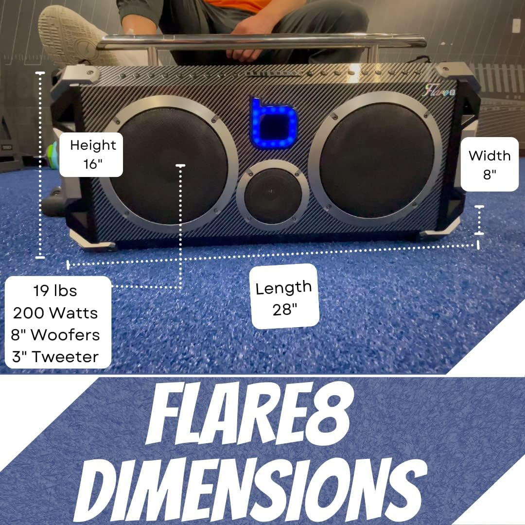Bluetooth Portable Speaker Boombox Flare8 Blue | Retro Boombox with Bluetooth Speaker | Rechargeable Lithium Battery | Includes Wireless Microphone, Carrying Strap & Remote Control