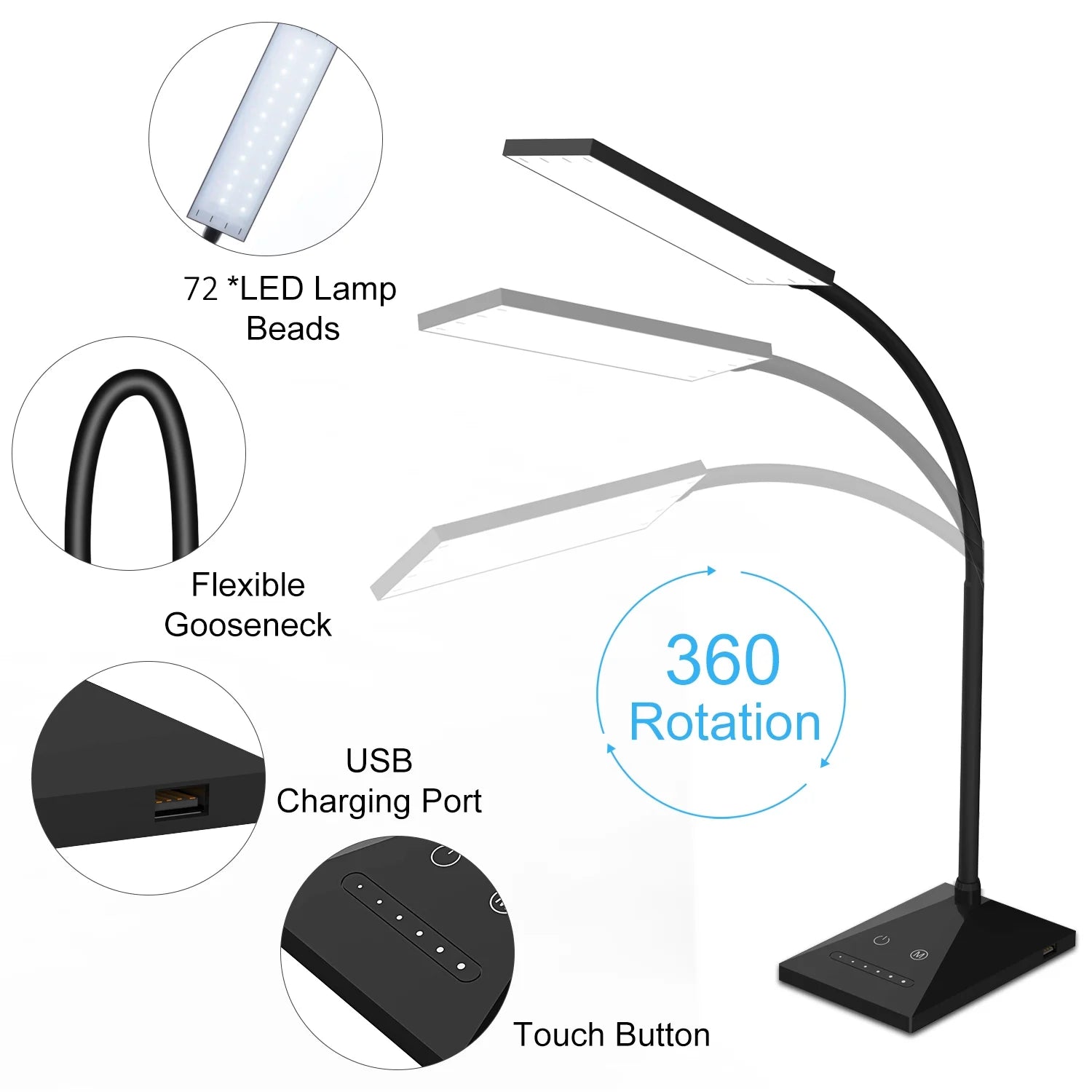 12W 72 Leds LED Desk Lamp USB Charging Port 5 Modes 7 Brightness Touch Control Eye Caring Table Reading Light Black
