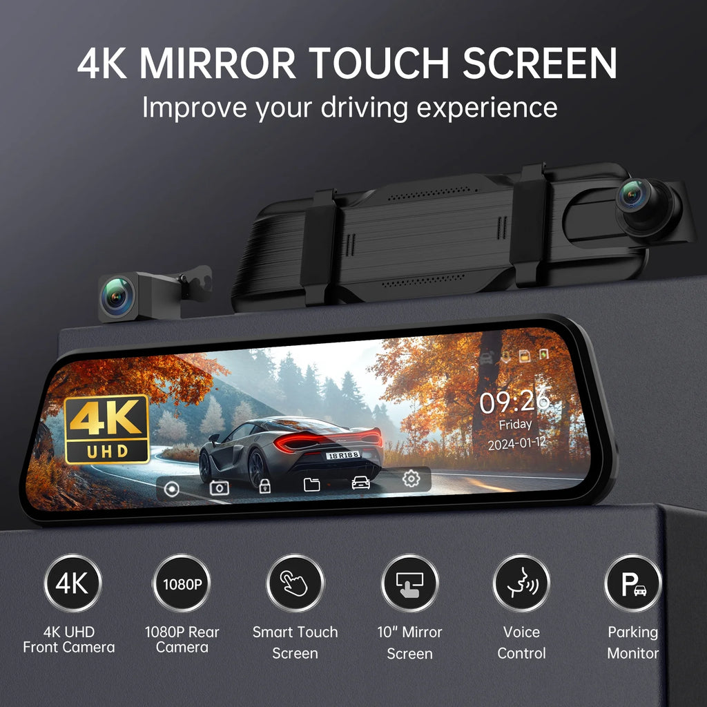 4K UHD Dual Dash Cam Front and Rear, 10"Touch Screen Mirror Camera, Night Vision, Voice Control, G-Sensor, 32GB SD"