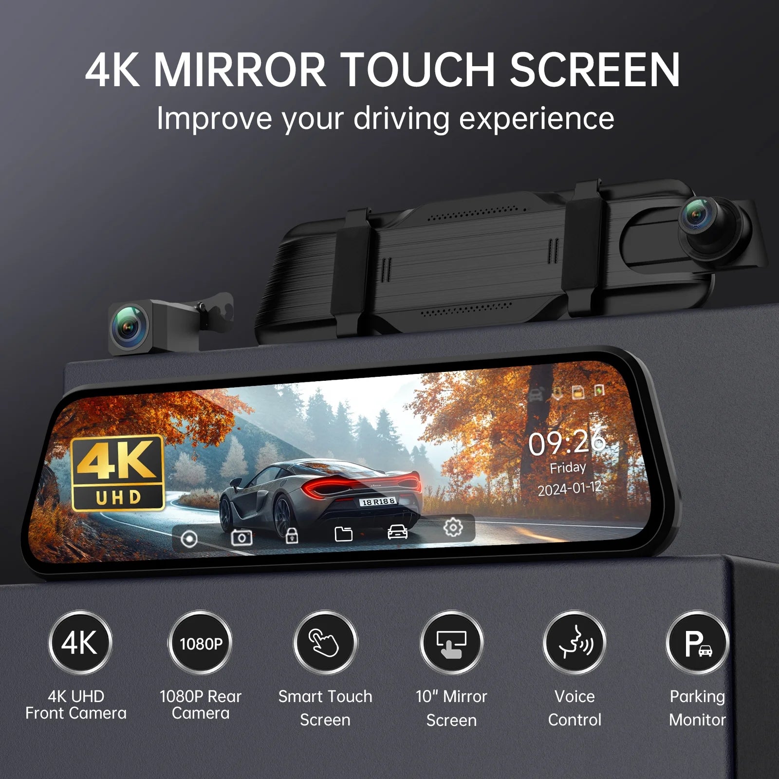 4K UHD Dual Dash Cam Front and Rear, 10"Touch Screen Mirror Camera, Night Vision, Voice Control, G-Sensor, 32GB SD"