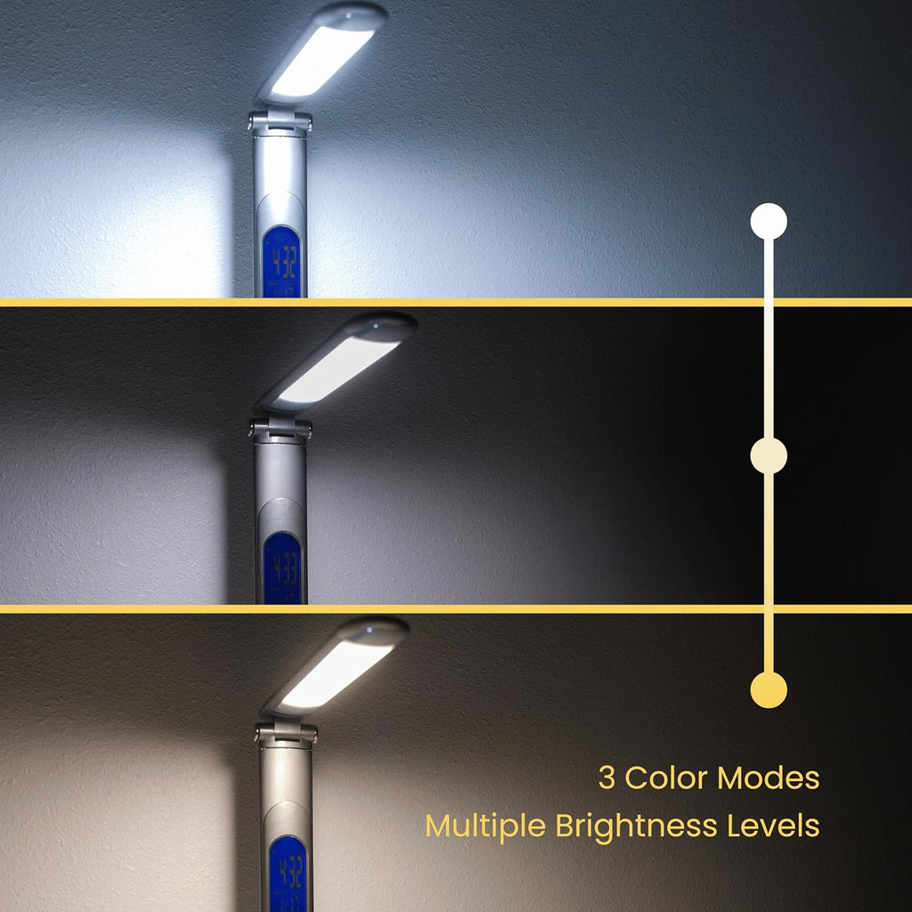 Lamp with Charging Station - Dimmable LED Desk Lamp with Qi 10W Fast Wireless Charger, Motion Sensor, Calendar Display, Alarm Clock, and USB Port, Compatible with Multiple Devices