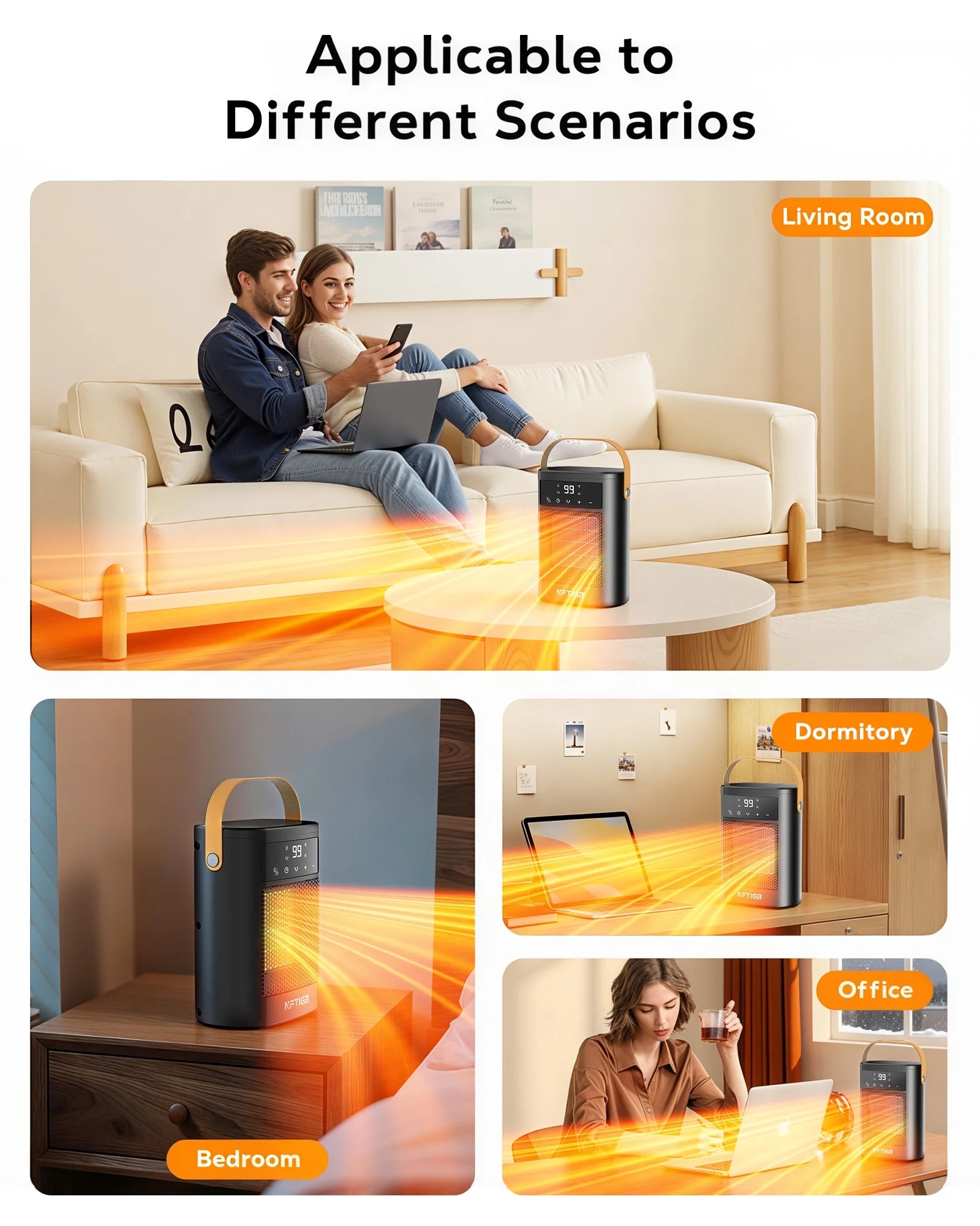 Small Portable Space Heater for Indoor with Remote, 1500W PTC Electric Heaters 70°Rotating, 12 H Timer,3 Modes, New